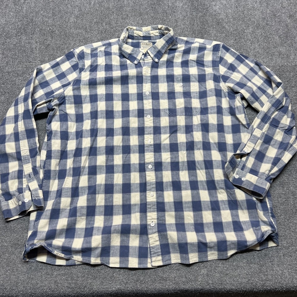 LL Bean Shirt Mens 3XLT Blue Check Stretch Button Front Long Sleeve Casual